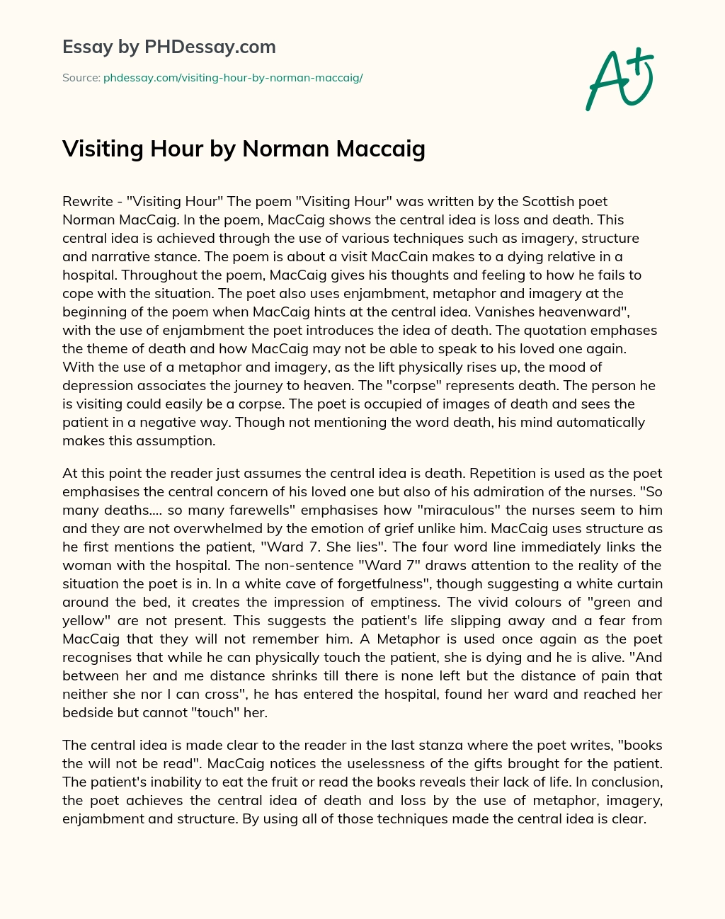 Visiting Hour by Norman Maccaig essay