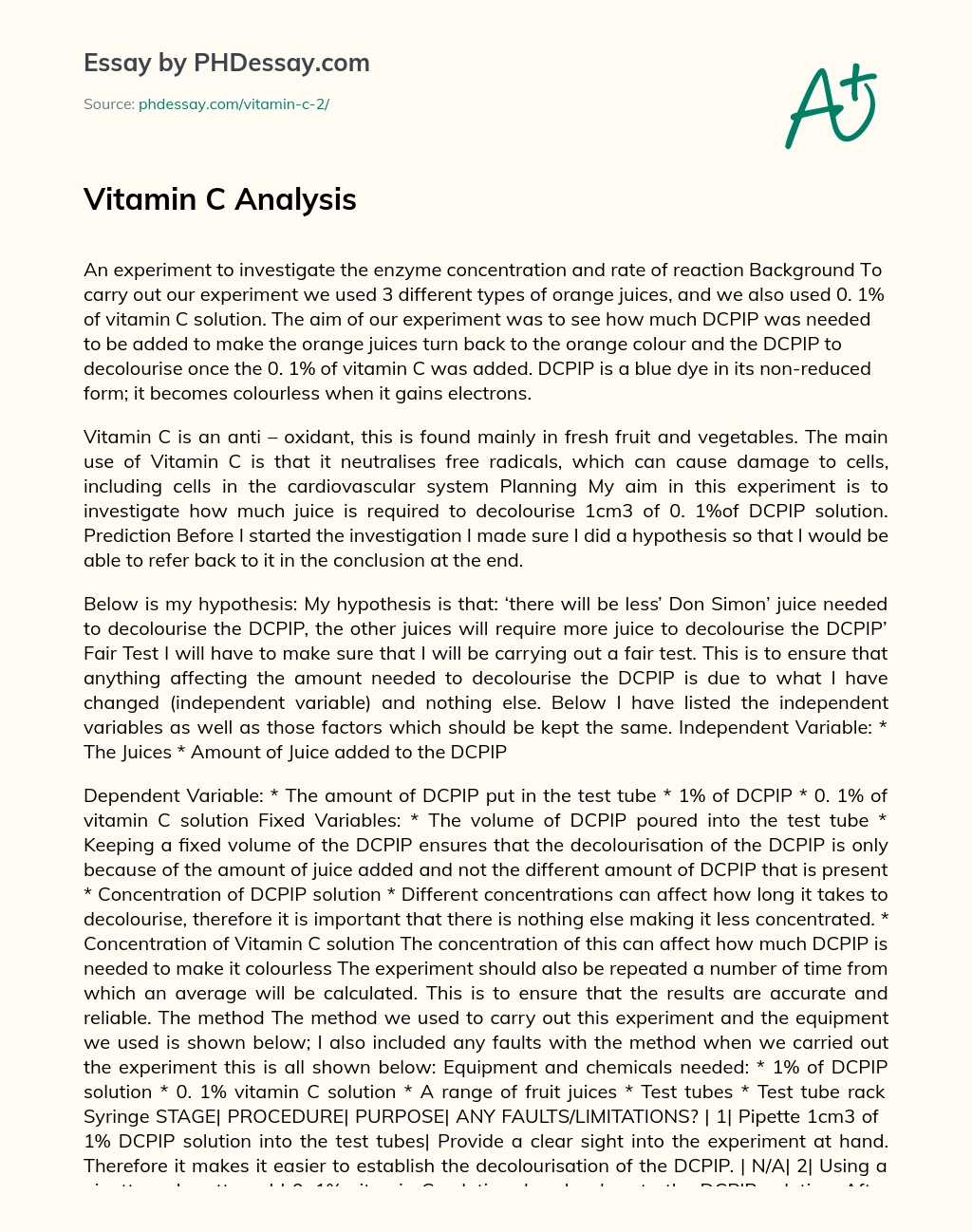 Vitamin C Analysis essay