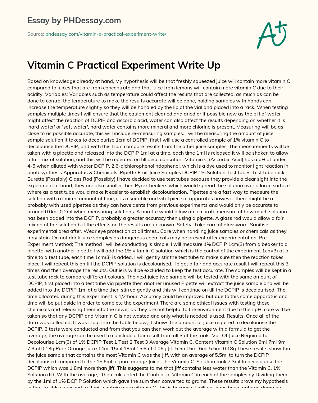 Vitamin C Practical Experiment Write Up essay