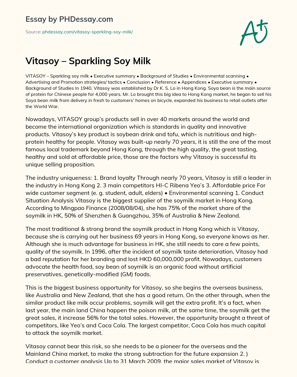Vitasoy – Sparkling Soy Milk essay