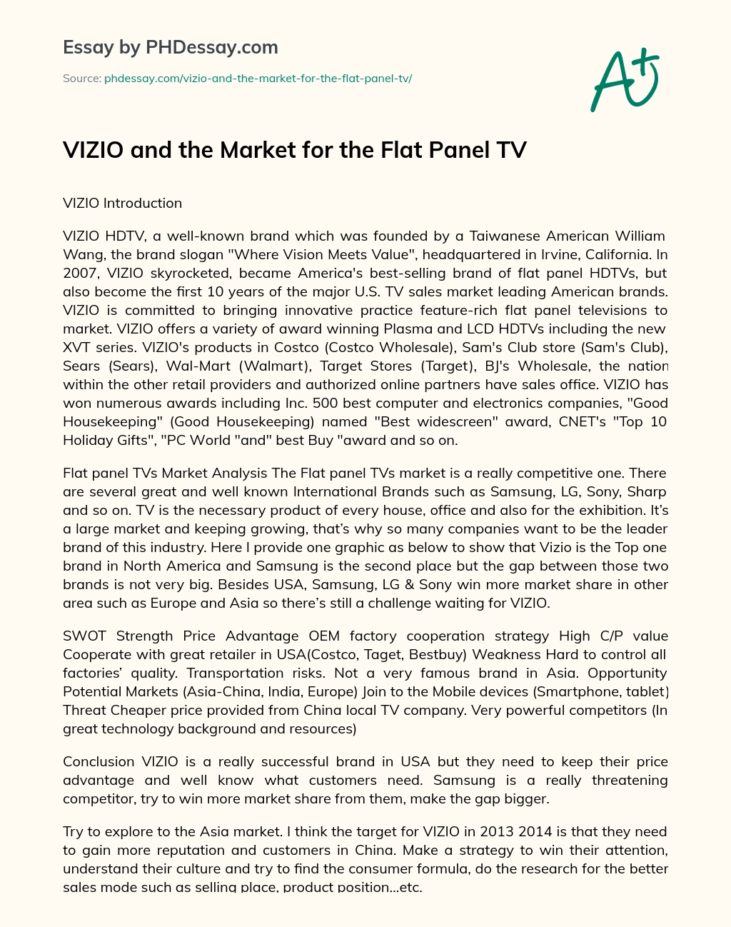 VIZIO and the Market for the Flat Panel TV essay