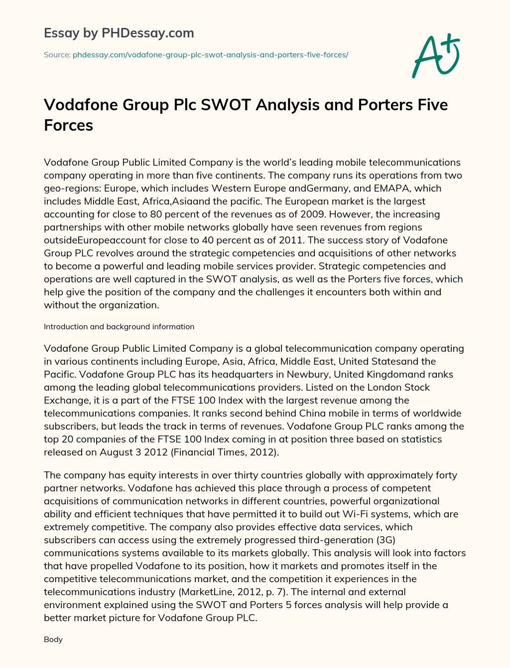 Vodafone Group Plc SWOT Analysis and Porters Five Forces essay