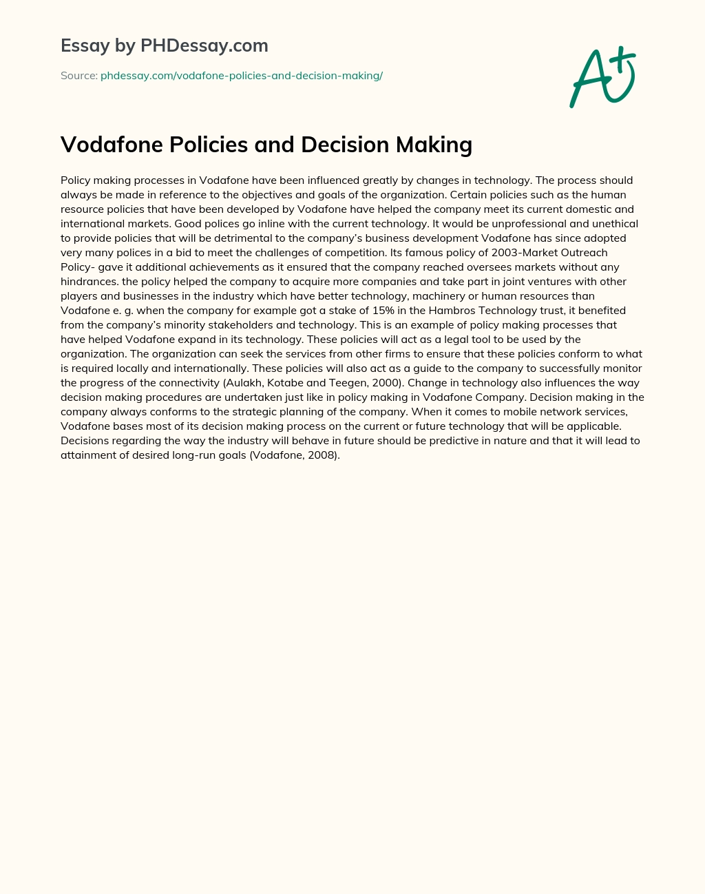 Vodafone Policies and Decision Making essay