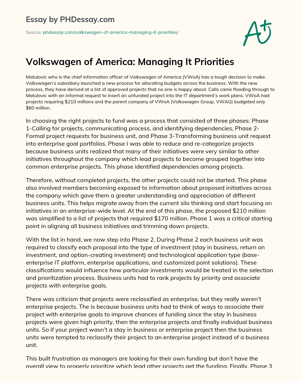 Volkswagen of America: Managing It Priorities essay