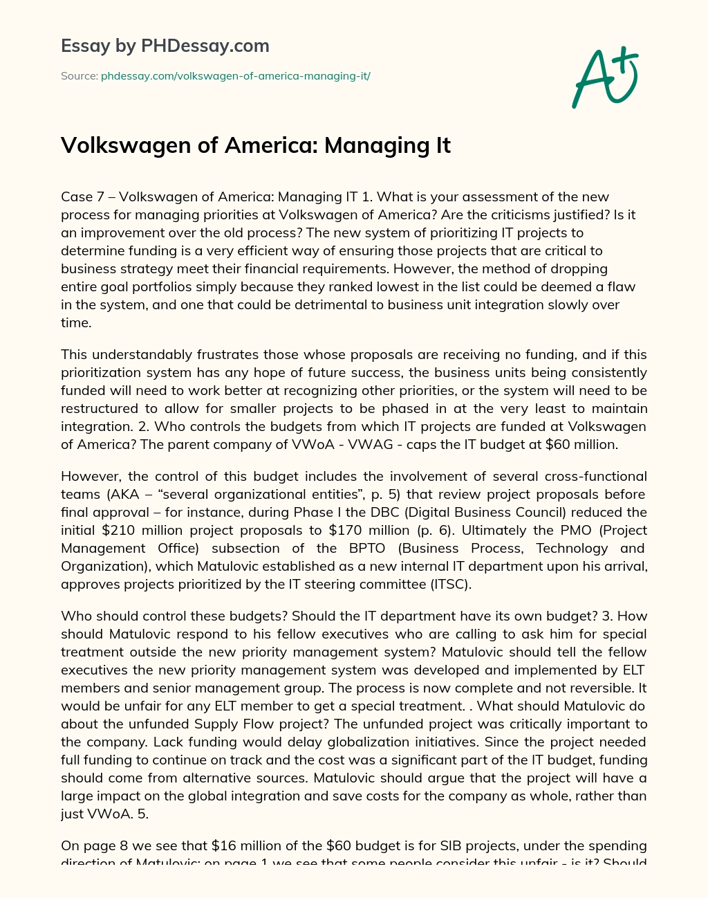 Volkswagen of America: Managing It essay