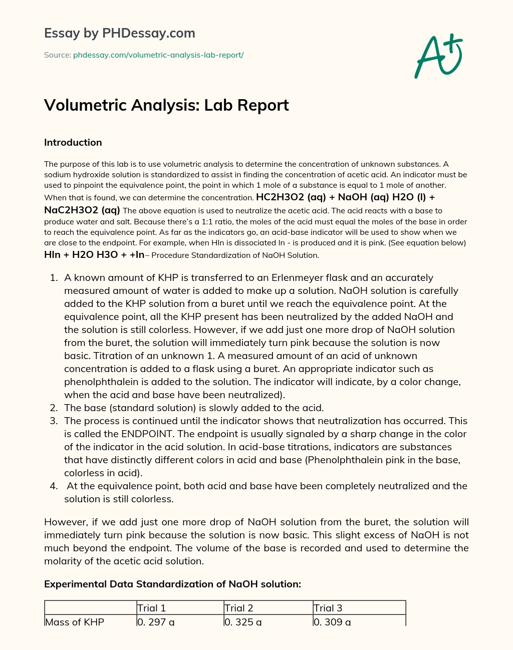 Volumetric Analysis: Lab Report essay