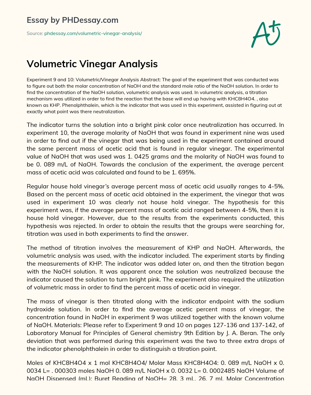 Volumetric Vinegar Analysis essay