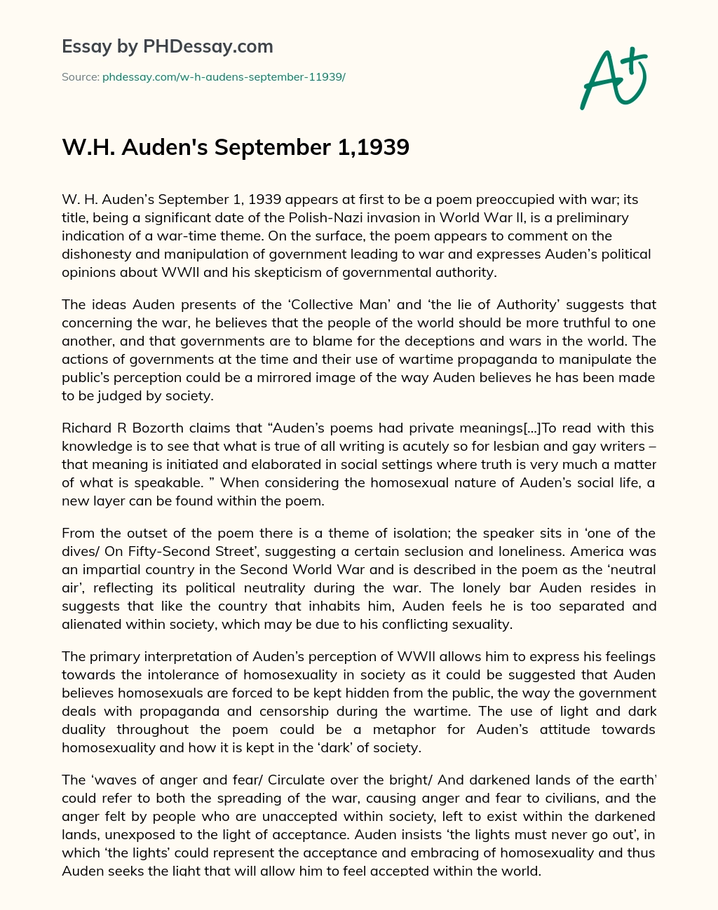 W.H. Auden’s September 1,1939 essay