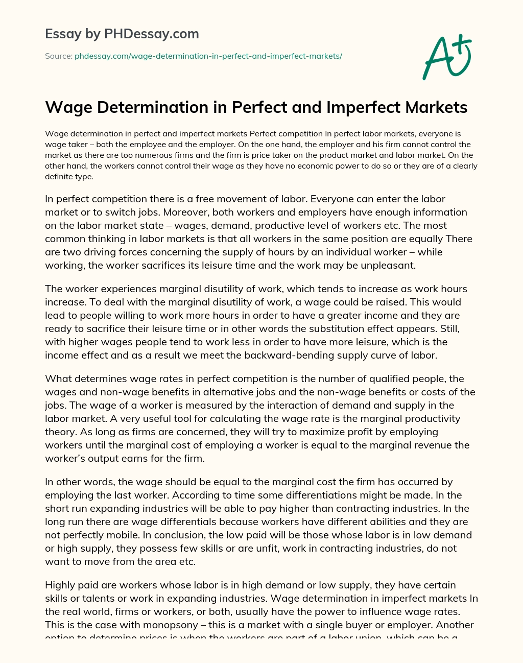 Wage Determination in Perfect and Imperfect Markets essay