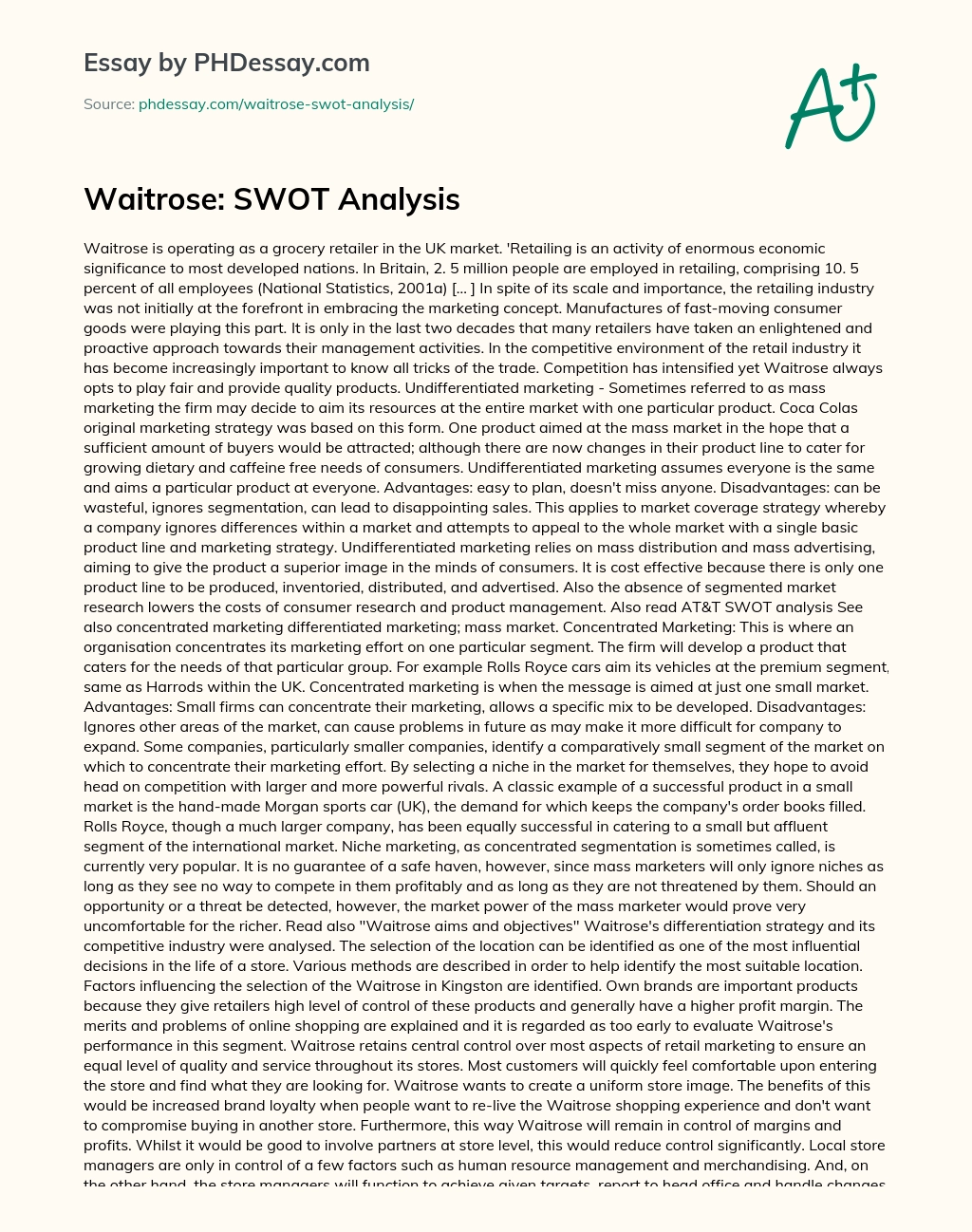 Waitrose: SWOT Analysis essay