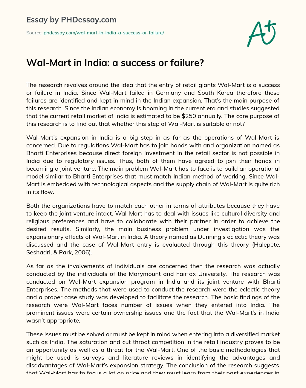 Wal-Mart in India: a success or failure? essay