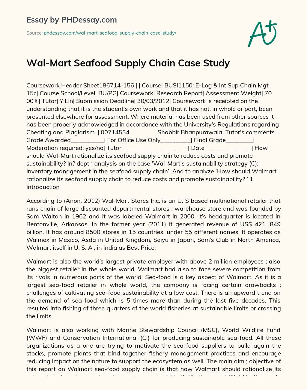 Wal-Mart Seafood Supply Chain Case Study essay