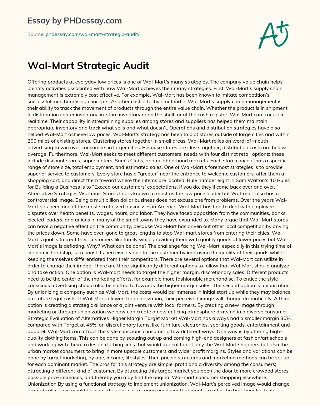 Wal-Mart Strategic Audit essay
