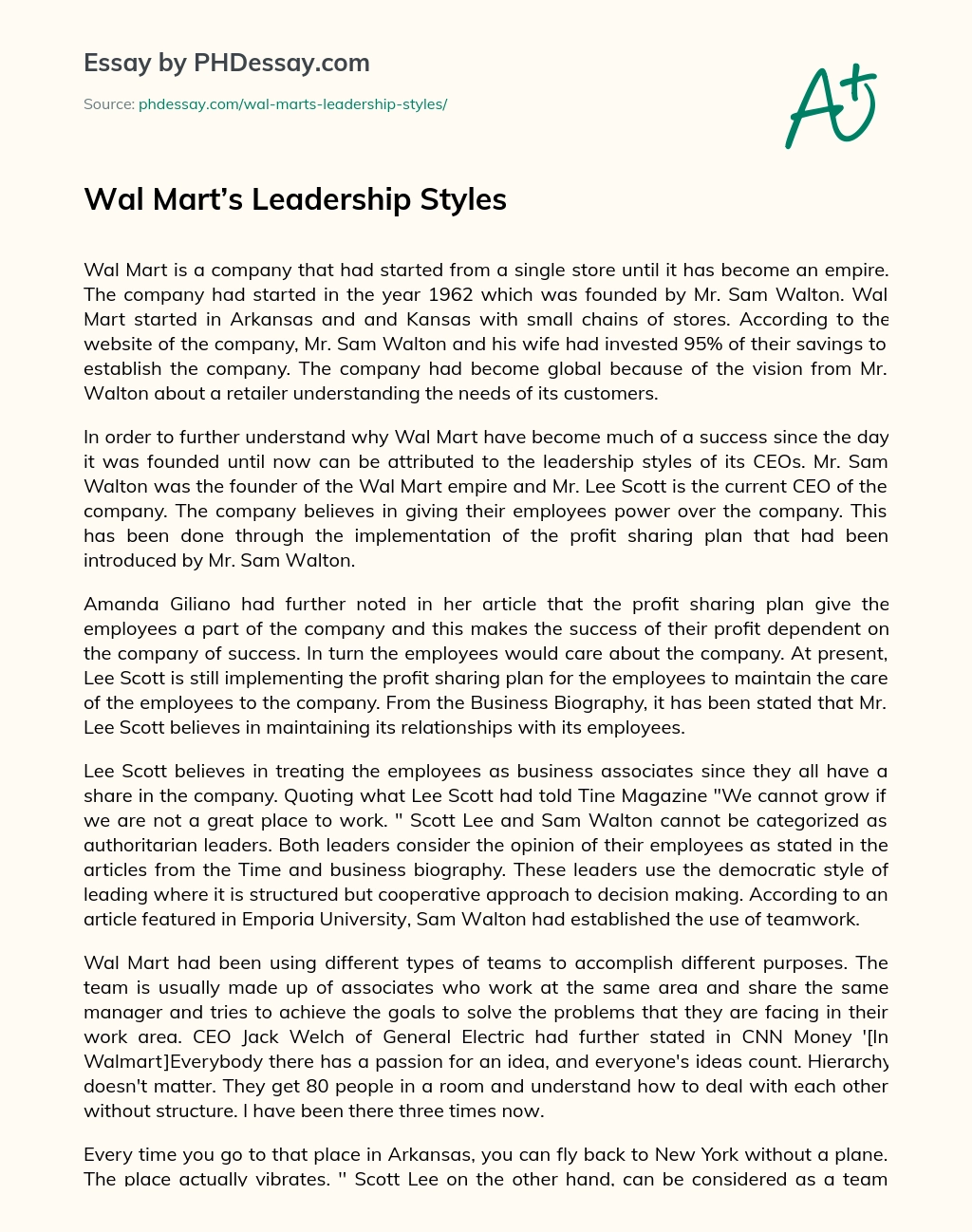Wal Mart’s Leadership Styles essay