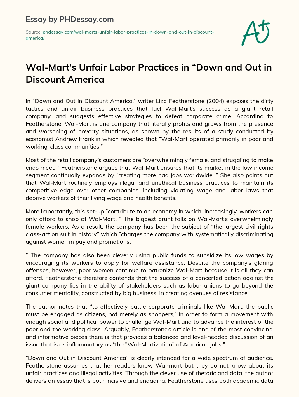Wal-Mart’s Unfair Labor Practices in “Down and Out in Discount America essay