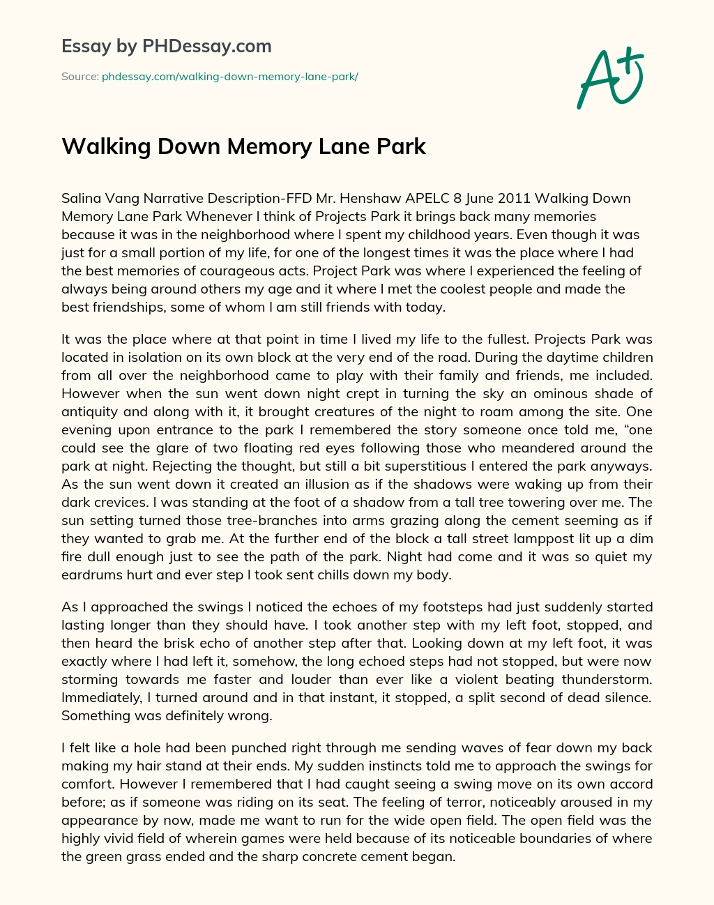 Walking Down Memory Lane Park essay