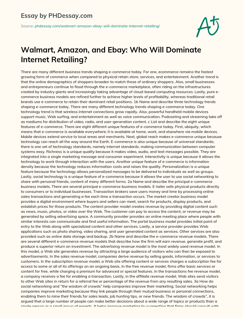 Walmart, Amazon, and Ebay: Who Will Dominate Internet Retailing? essay