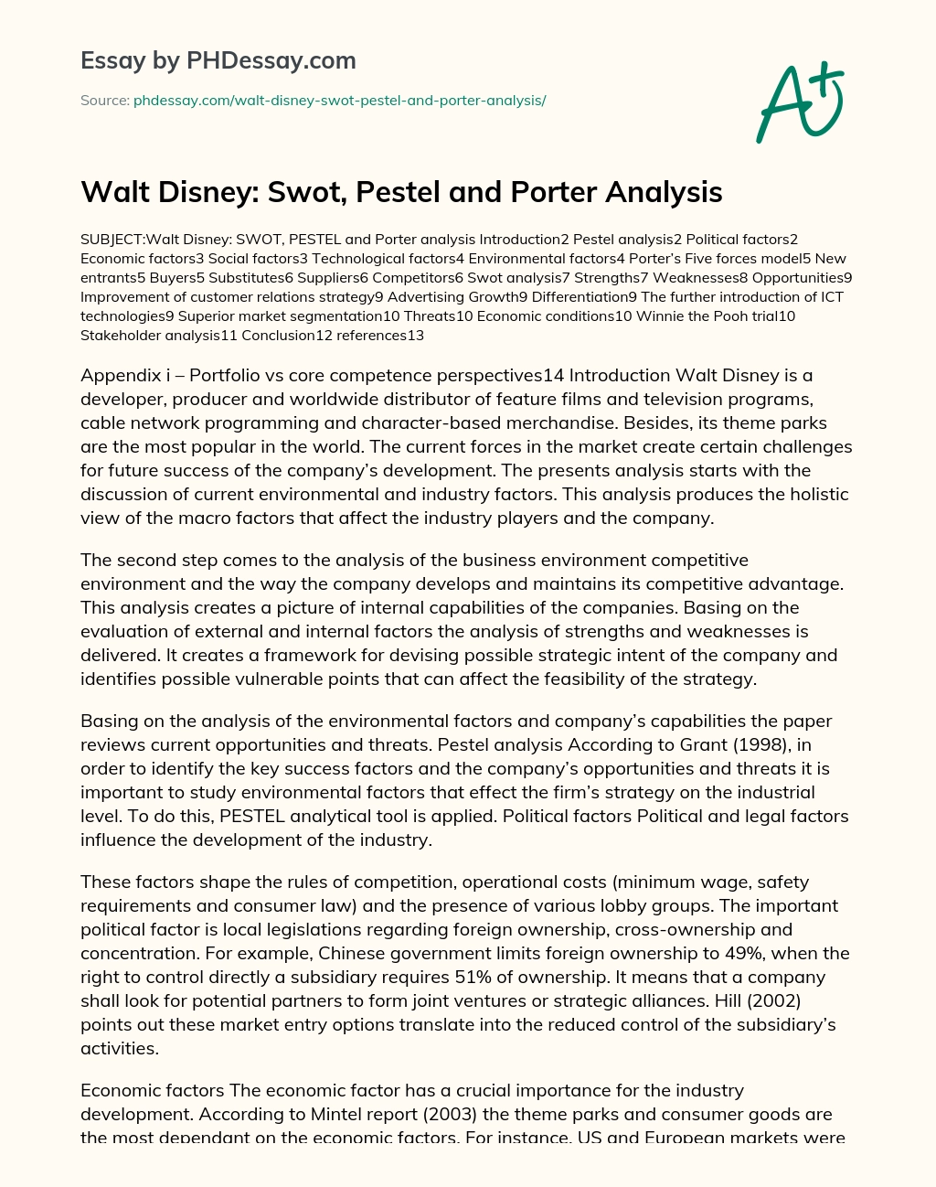 Walt Disney: Swot, Pestel and Porter Analysis essay