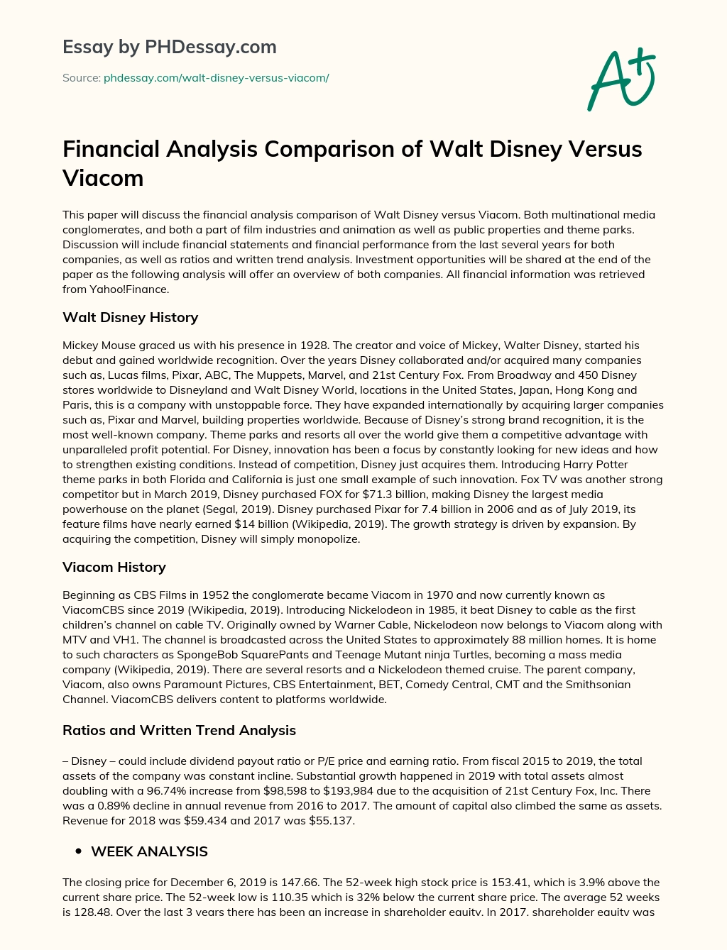 Financial Analysis Comparison of Walt Disney Versus Viacom essay