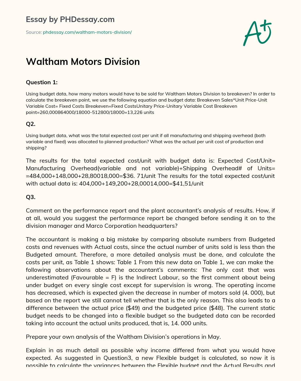 Waltham Motors Division essay