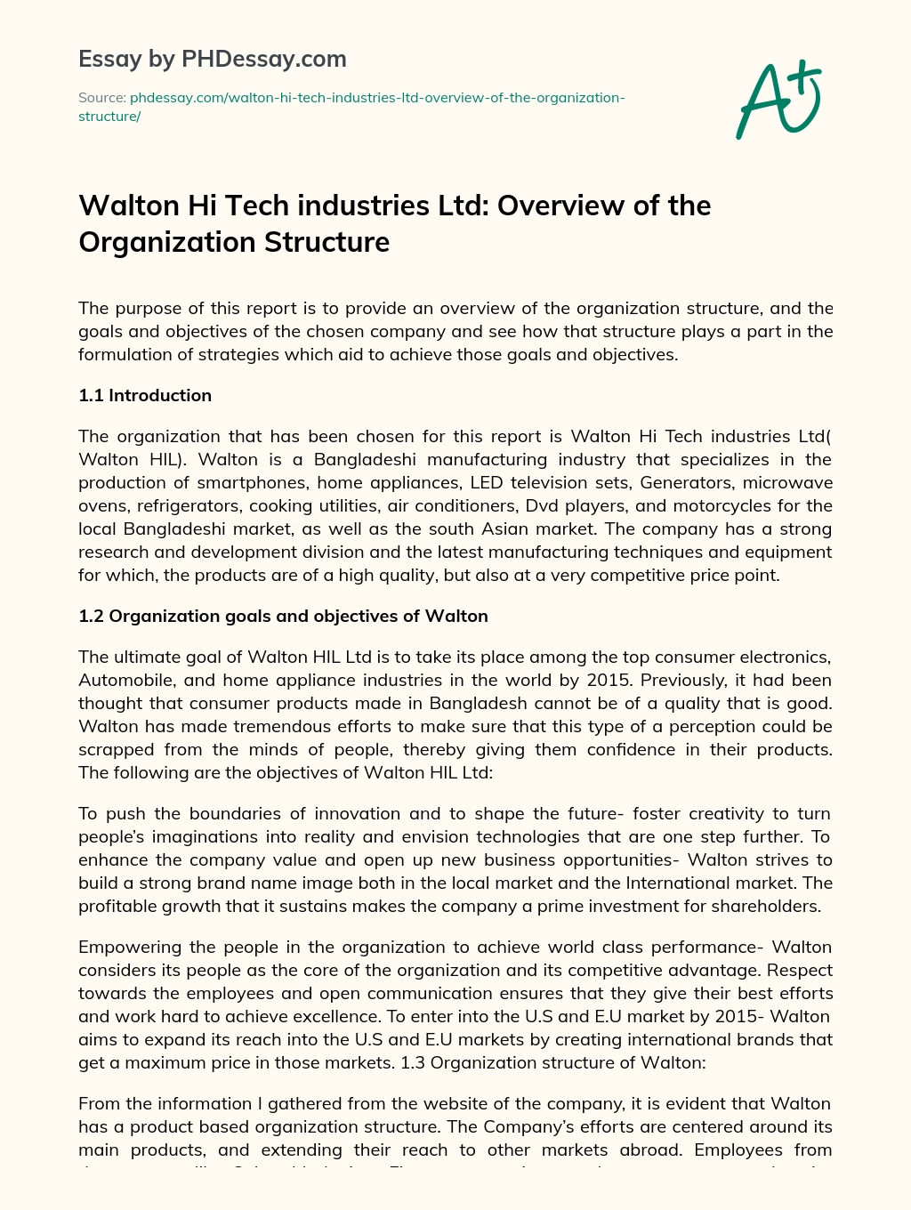 Walton Hi Tech industries Ltd: Overview of the Organization Structure essay