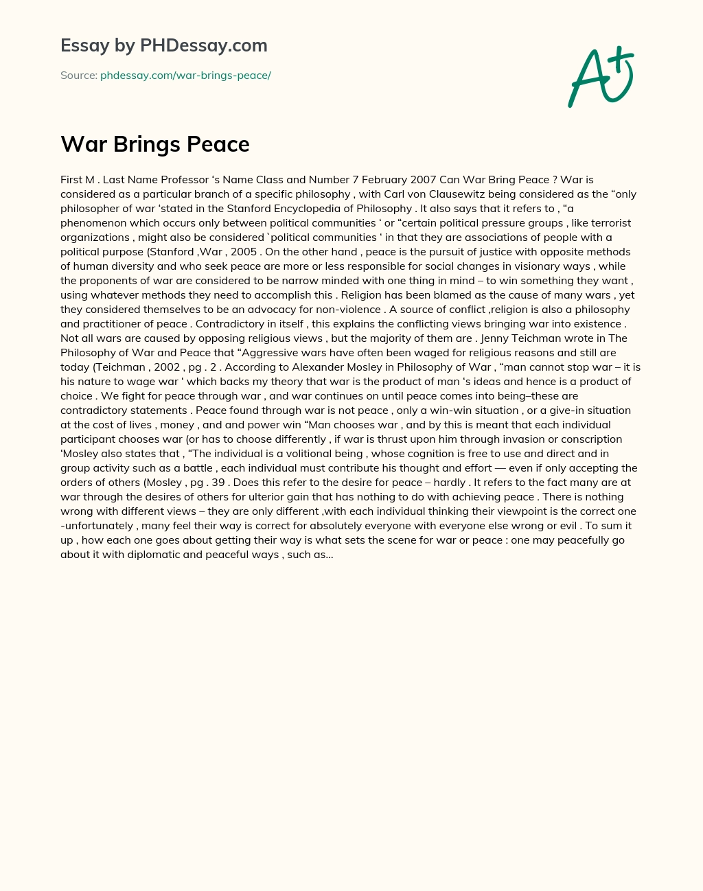 War Brings Peace essay