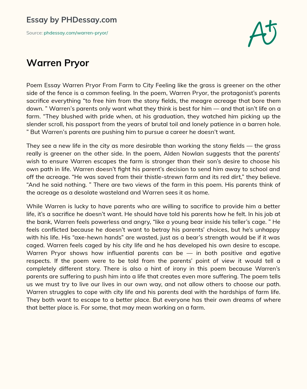 Warren Pryor essay