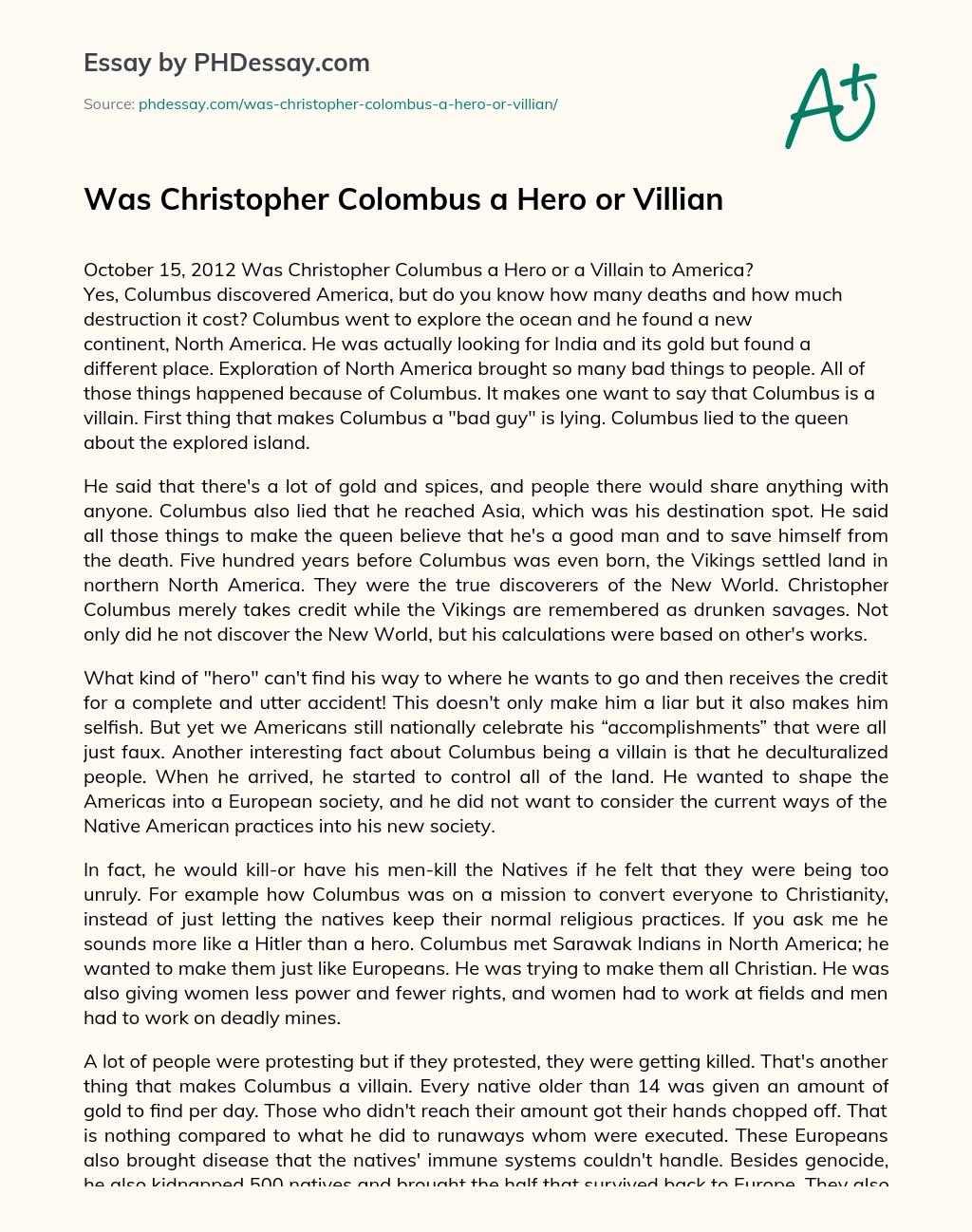 Was Christopher Colombus a Hero or Villian essay