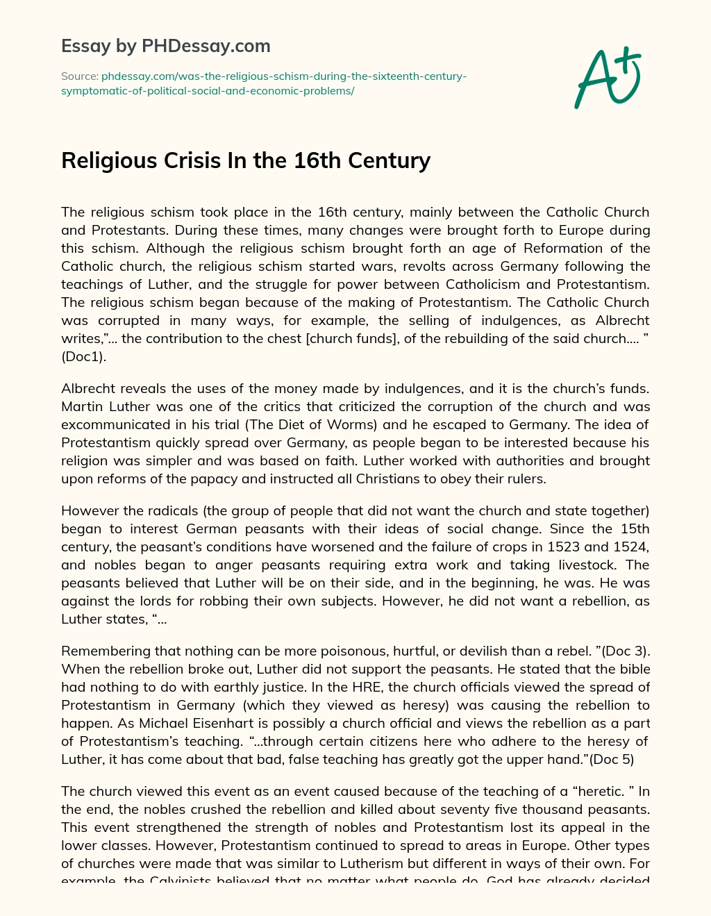 Religious Crisis In the 16th Century essay