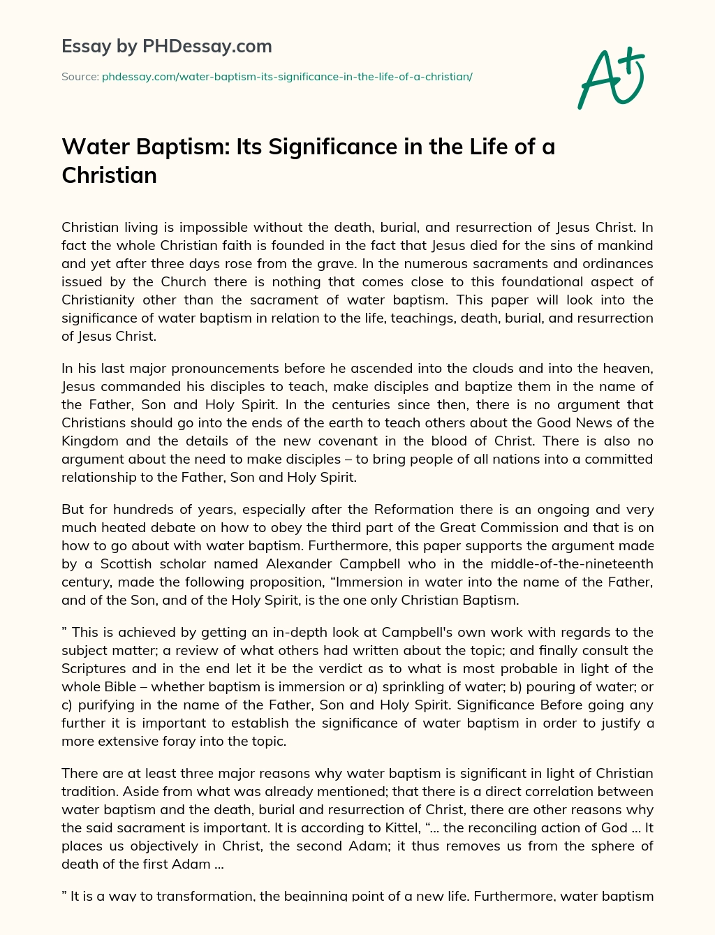 Water Baptism: Its Significance in the Life of a Christian essay