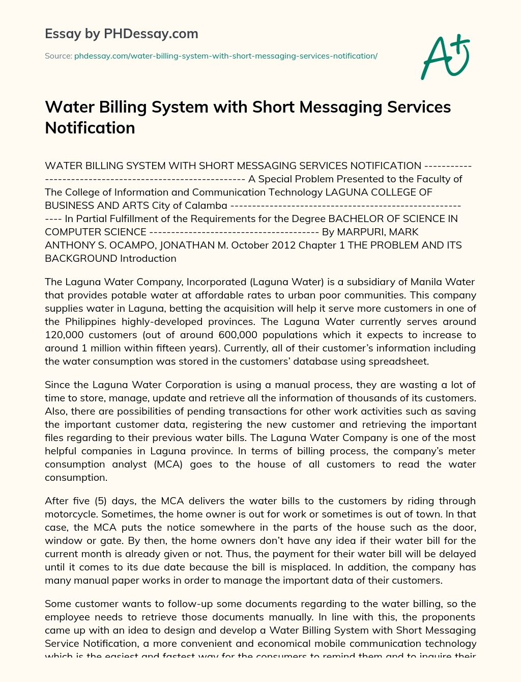 Water Billing System with Short Messaging Services Notification essay