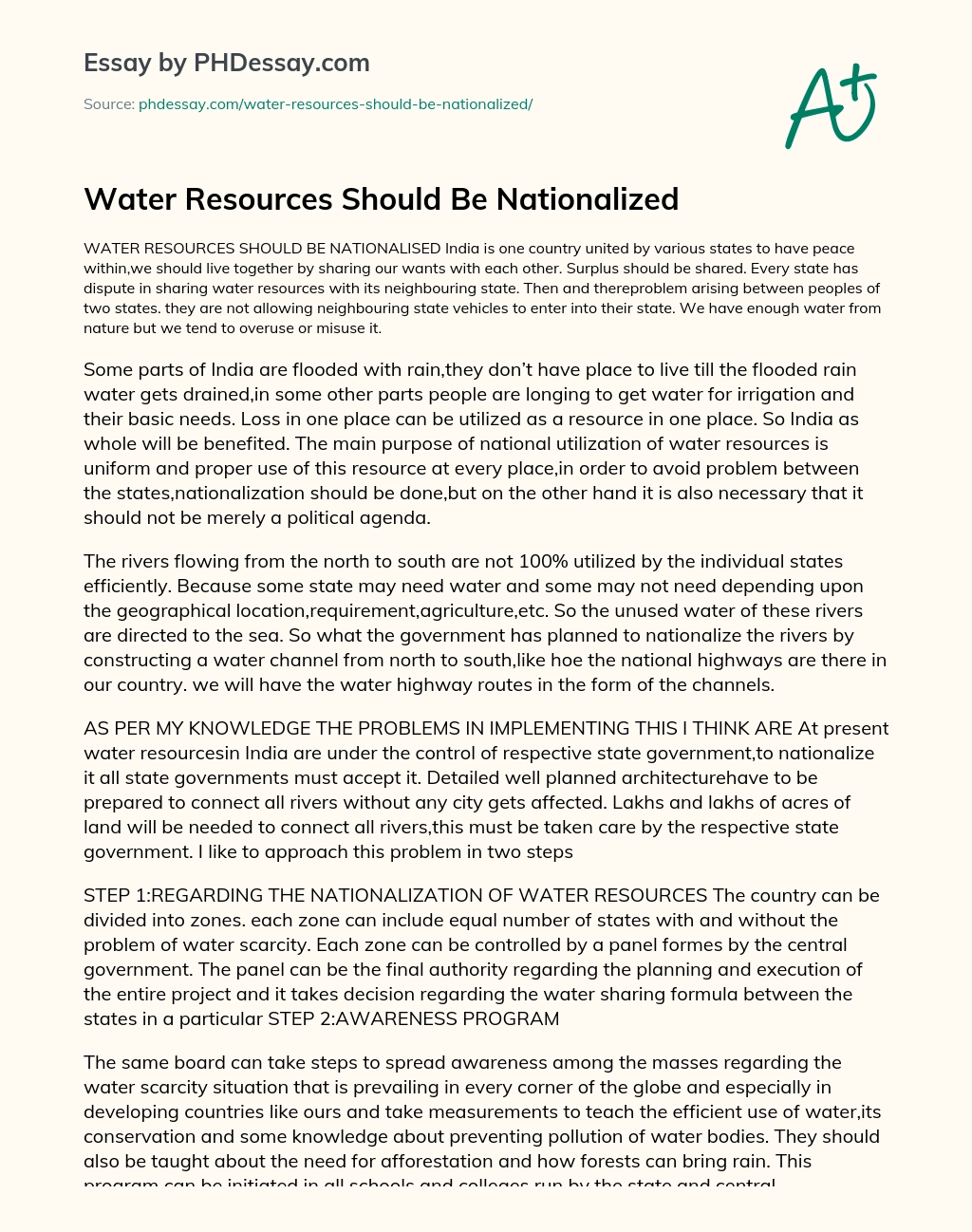 Water Resources Should Be Nationalized essay