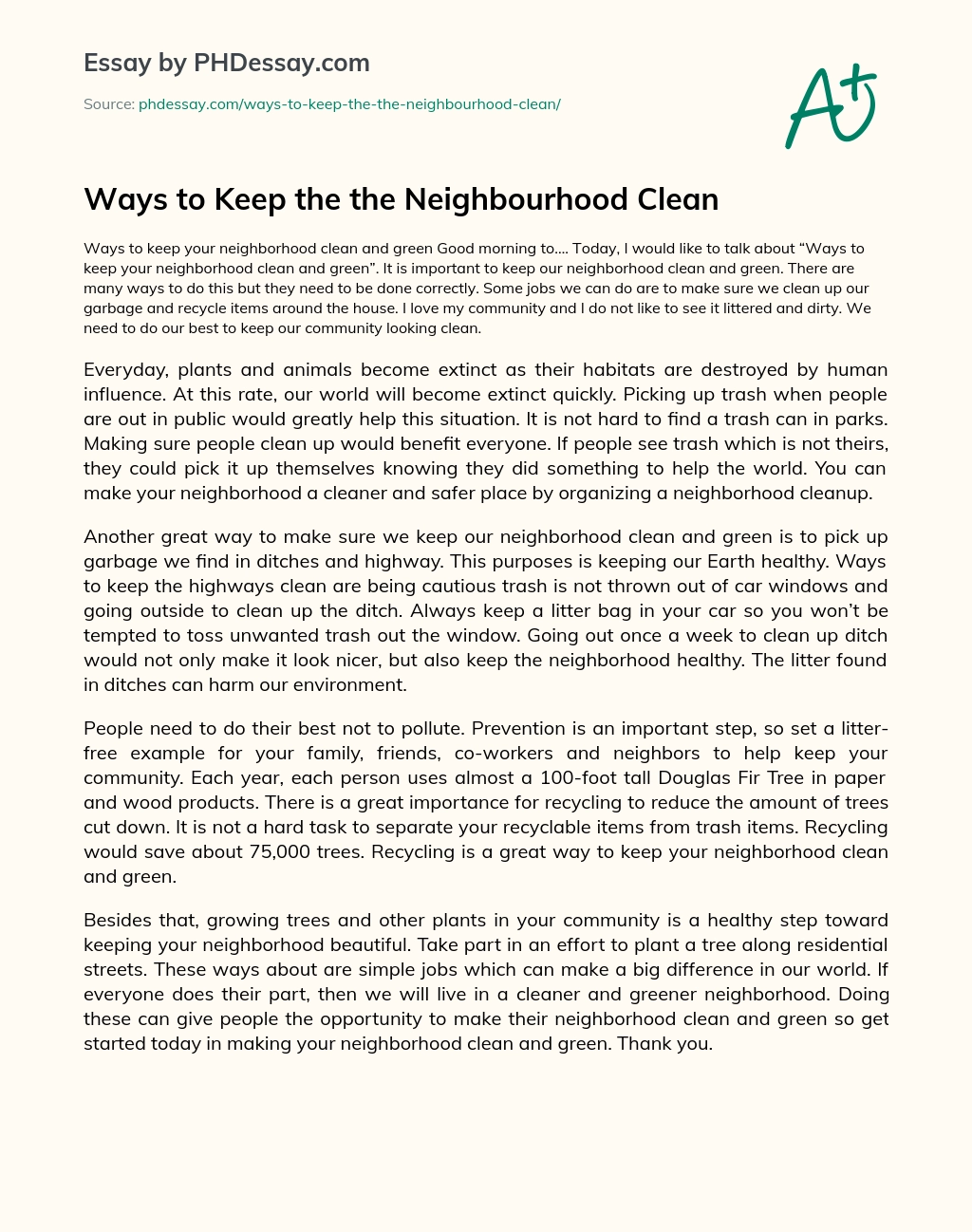 Ways to Keep the the Neighbourhood Clean essay