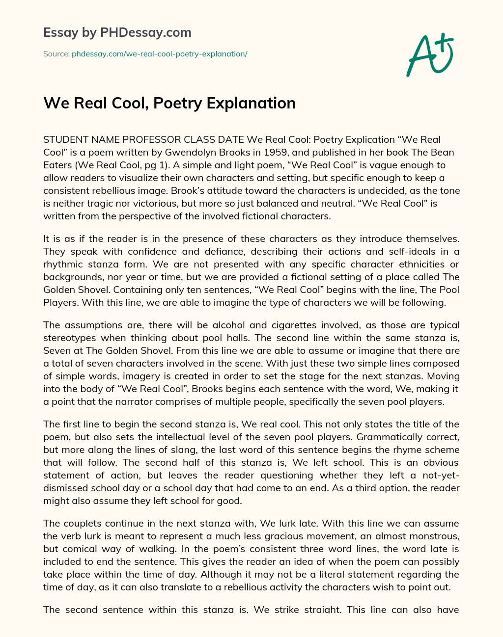 We Real Cool, Poetry Explanation essay