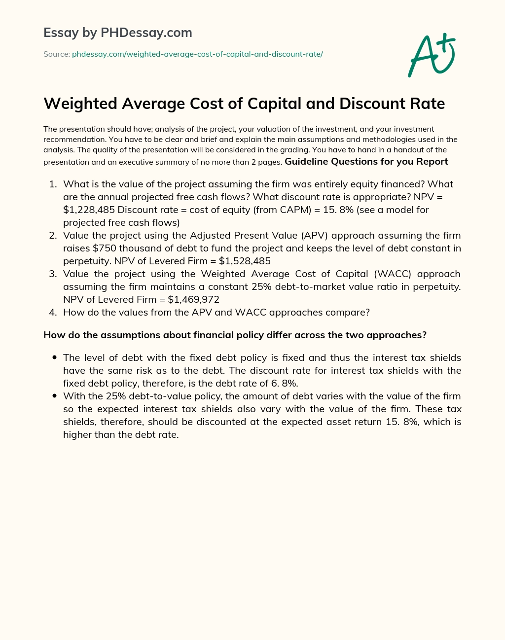 Weighted Average Cost of Capital and Discount Rate essay