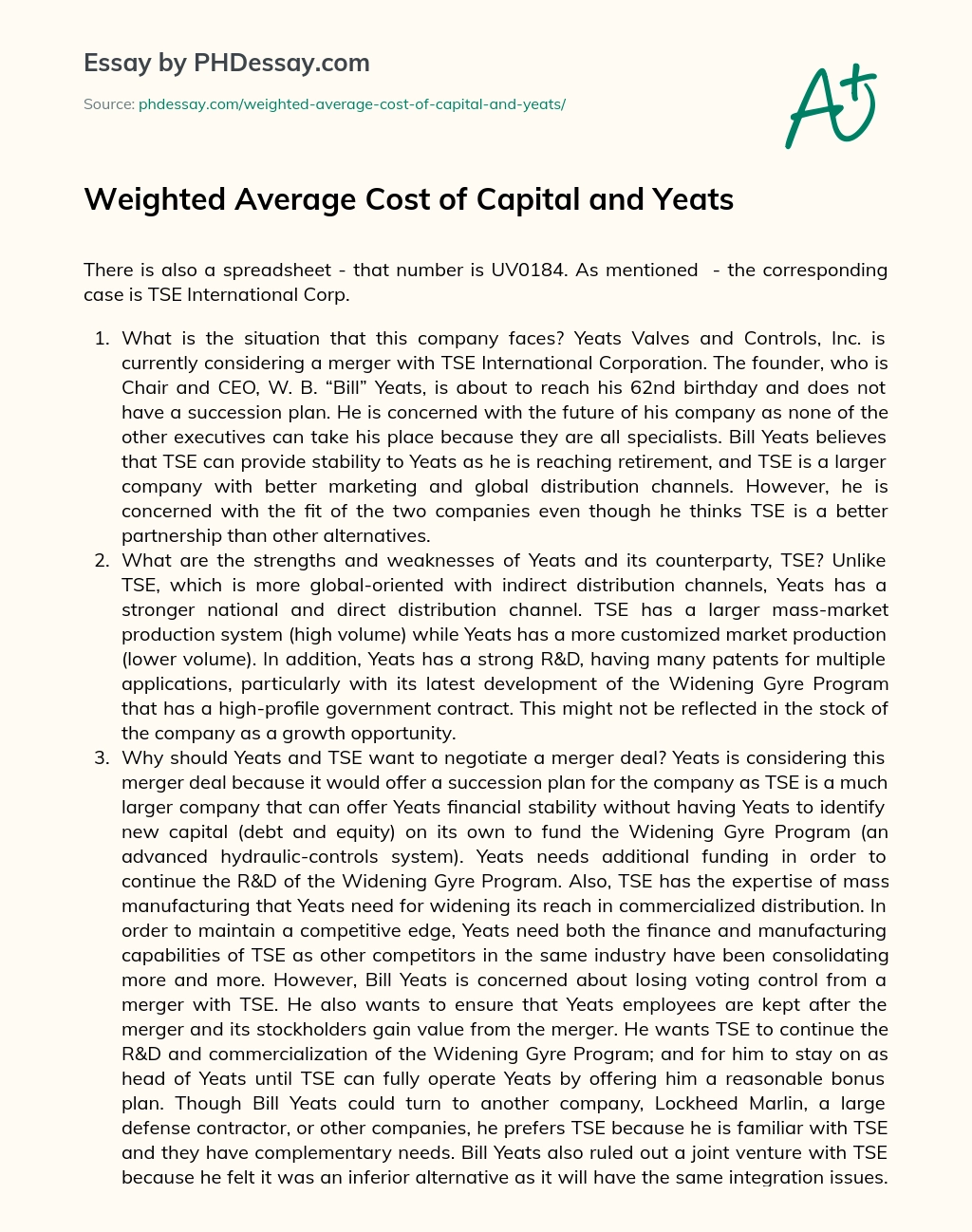 Weighted Average Cost of Capital and Yeats essay