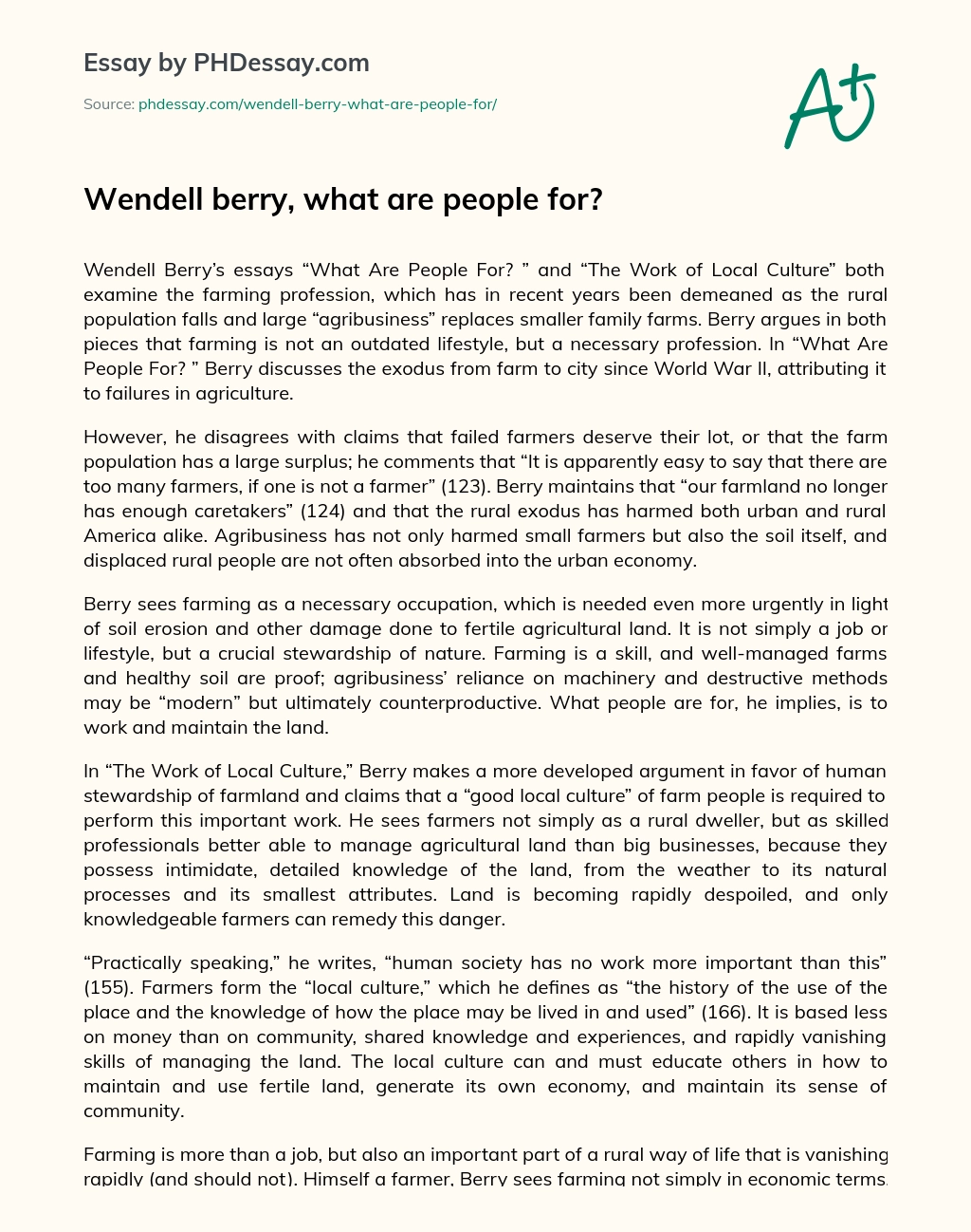 Wendell berry, what are people for? essay