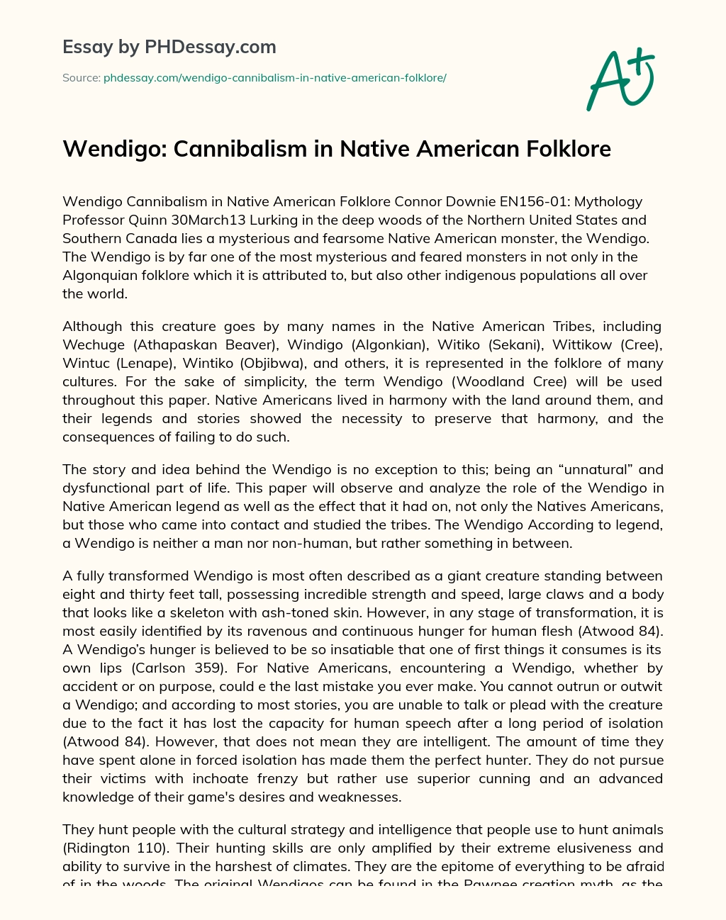 Wendigo: Cannibalism in Native American Folklore essay