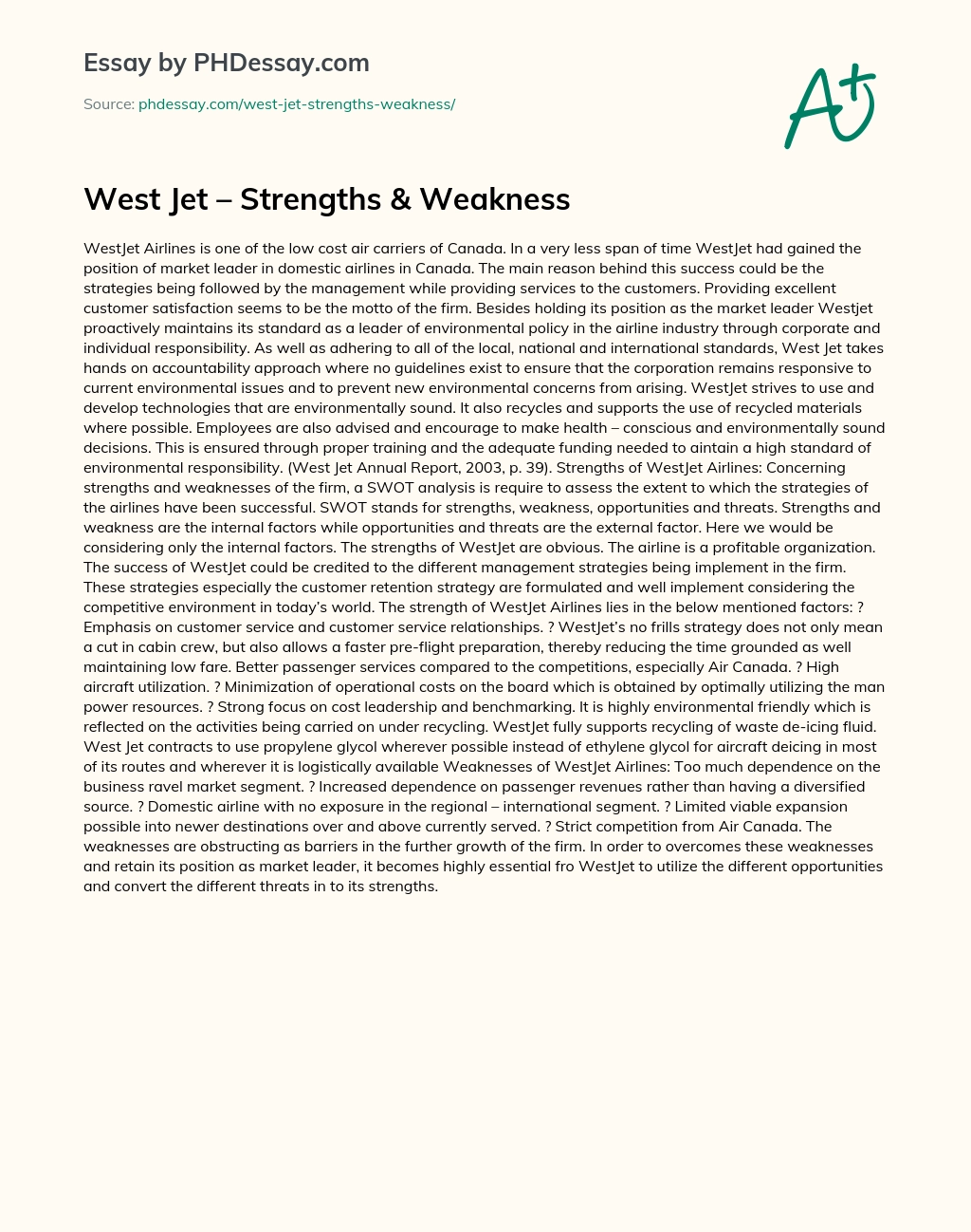 West Jet – Strengths & Weakness essay
