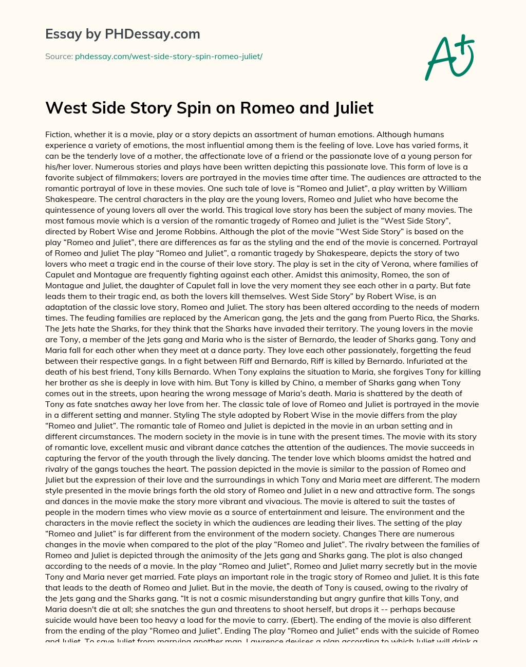 West Side Story Spin on Romeo and Juliet essay