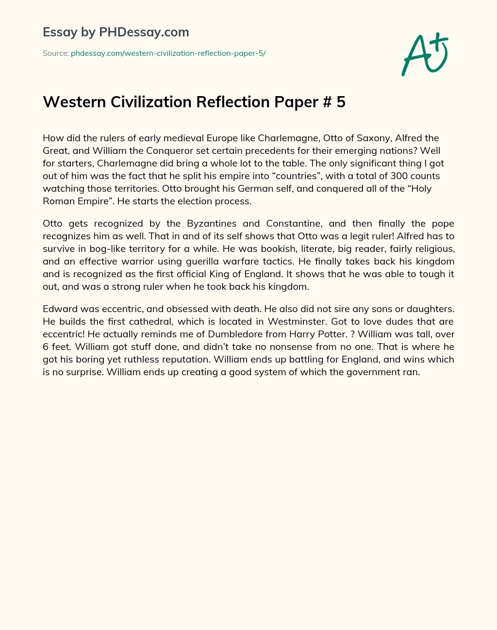 Western Civilization Reflection Paper # 5 essay