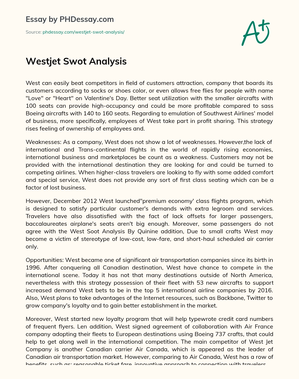 Westjet Swot Analysis essay