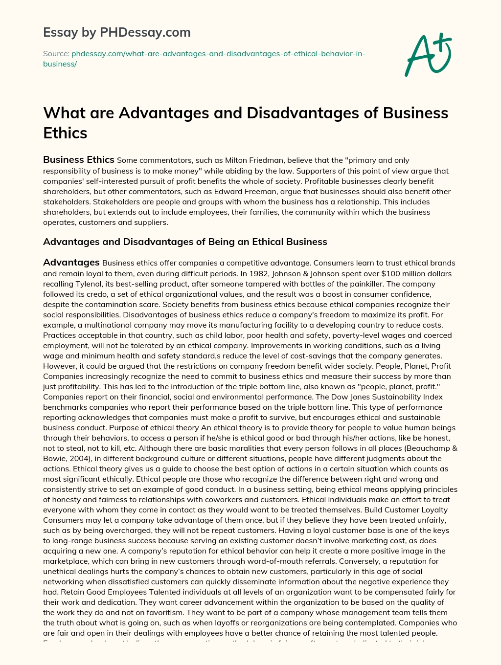 What are Advantages and Disadvantages of Business Ethics essay
