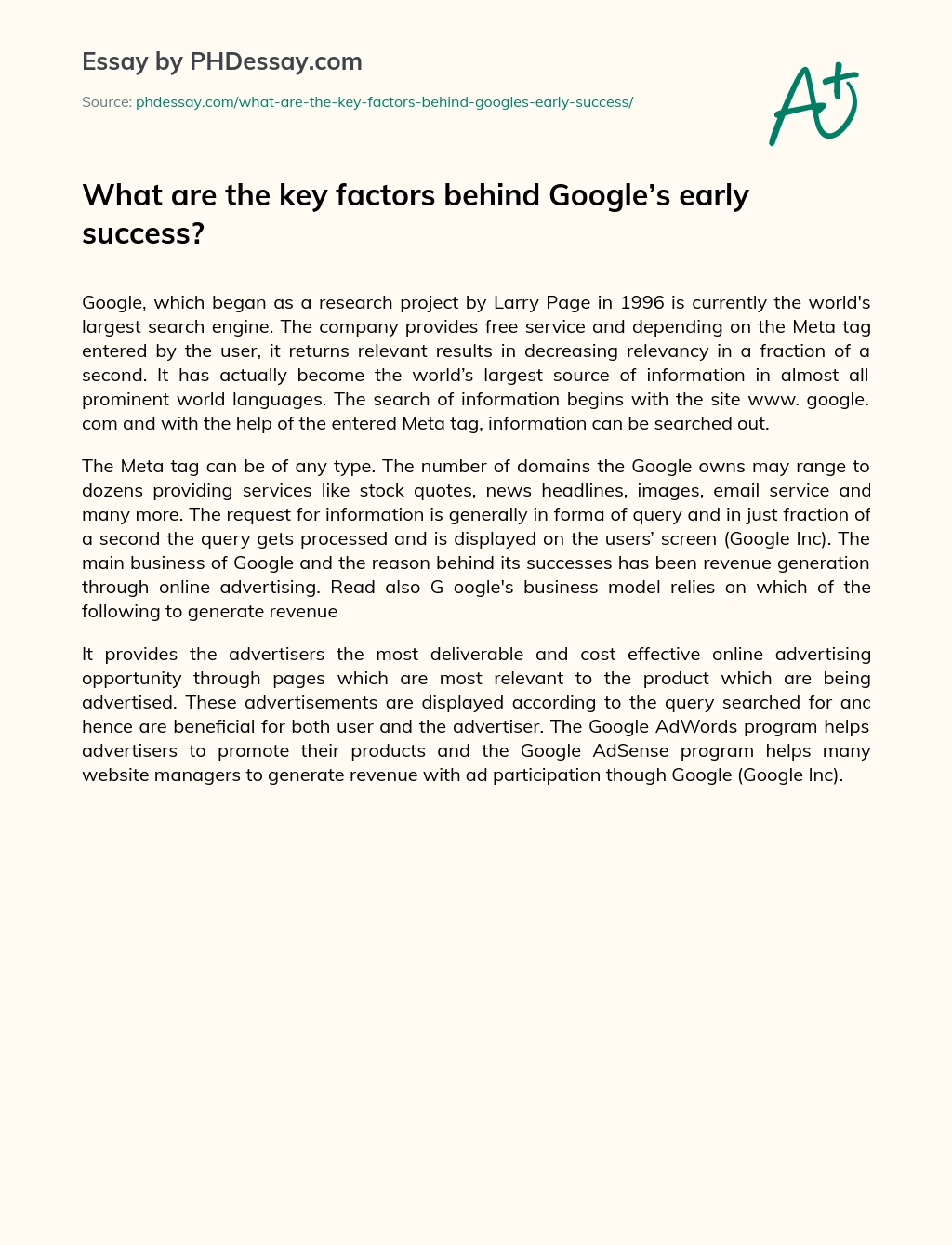 What are the key factors behind Google’s early success? essay