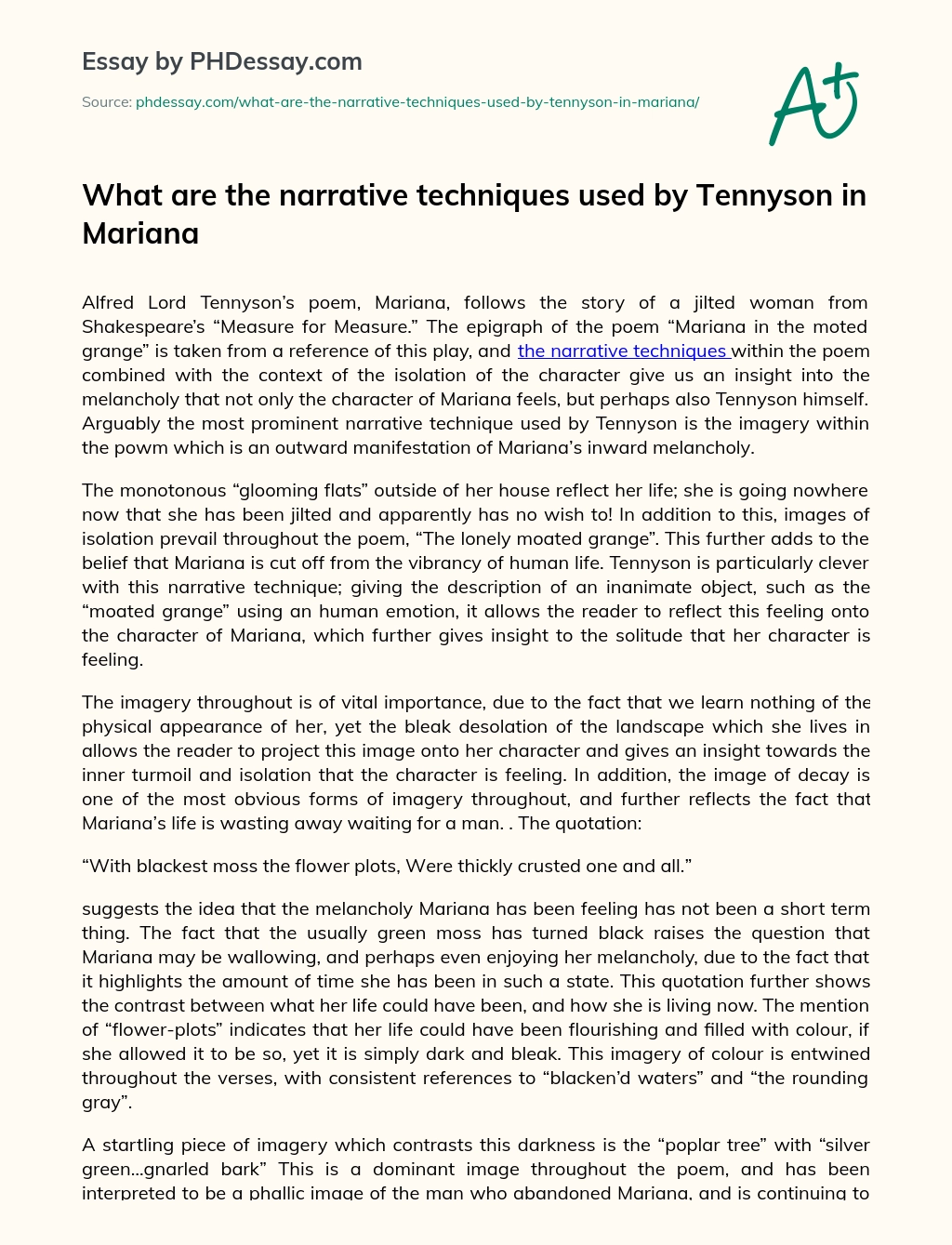 What are the narrative techniques used by Tennyson in Mariana essay