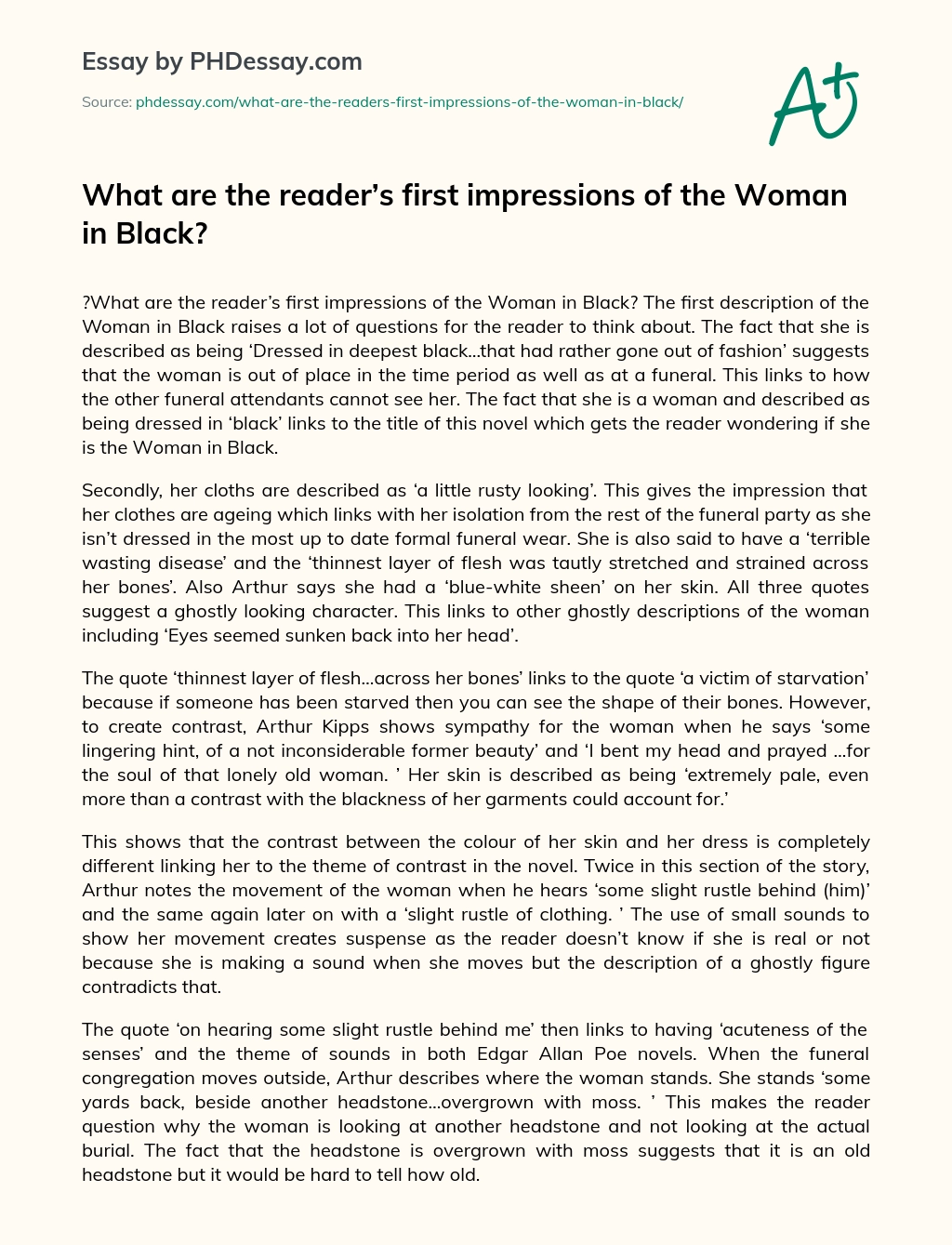 What are the reader’s first impressions of the Woman in Black? essay