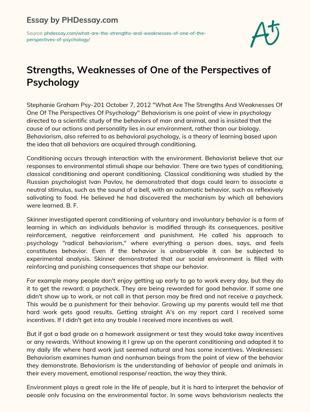 Strengths, Weaknesses of Behaviorism essay