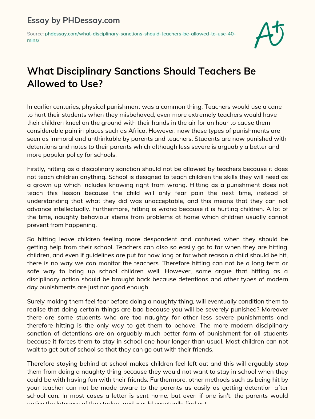 What Disciplinary Sanctions Should Teachers Be Allowed to Use? essay