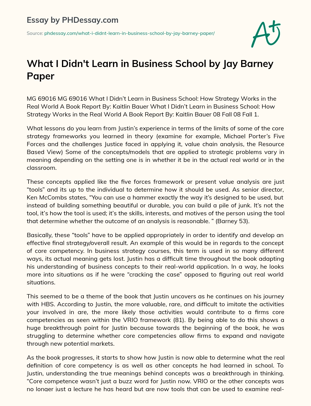 What I Didn’t Learn in Business School by Jay Barney Paper essay