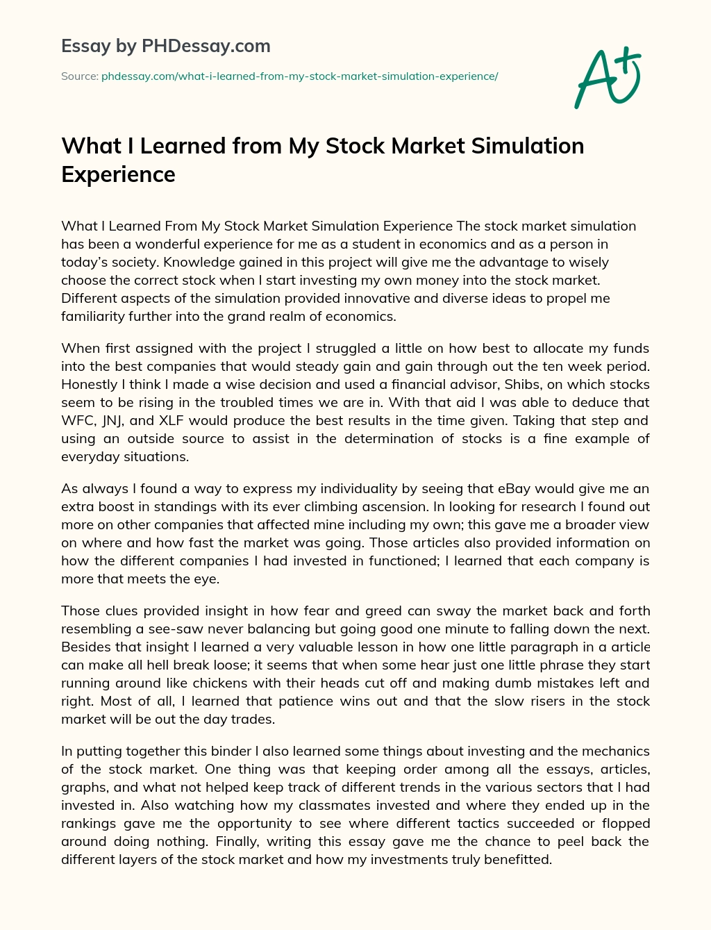 What I Learned from My Stock Market Simulation Experience essay